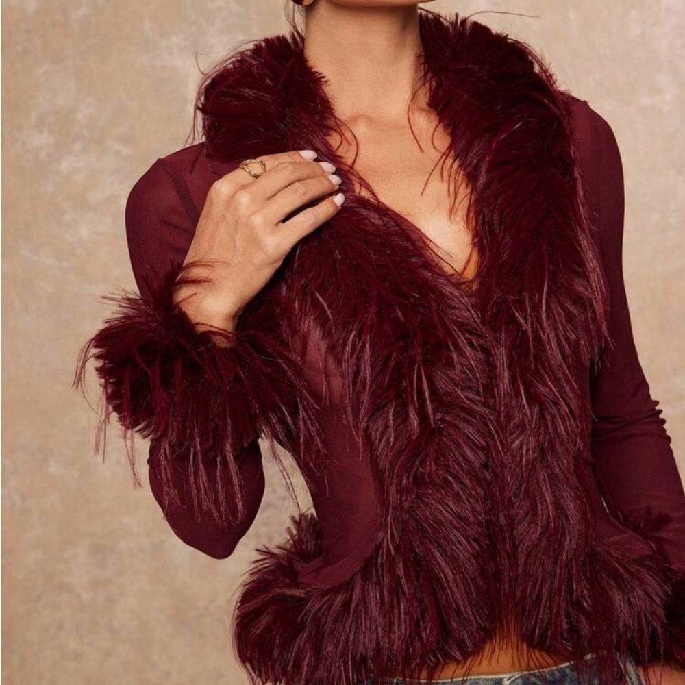 Plush Faux-Fur Trim Burgundy Top